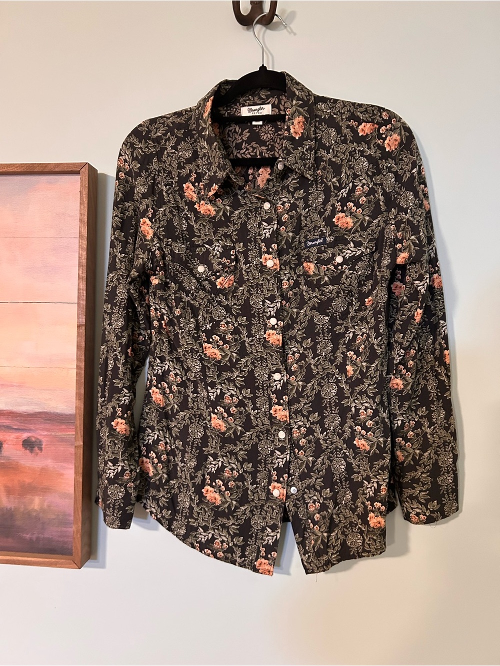 Wrangler Black Floral Lightweight Shirt Jacket with Peach Accents